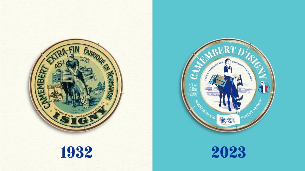 Etiquette Camembert Isigny Sainte-Mère 1932 et 2023