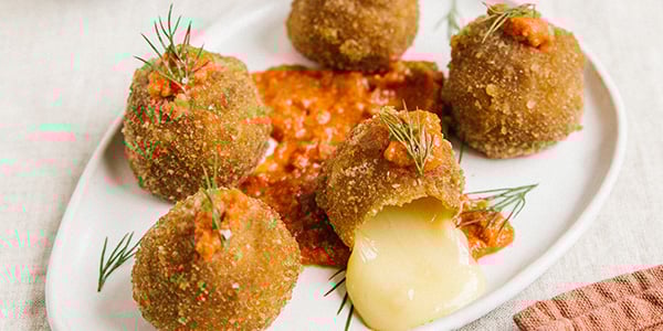 Isigny Sainte-Mère PDO Camembert Cromesquis with tomato and chorizo cream - Isigny Sainte-Mère