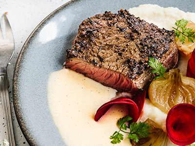 Recette Tournedos au poivre, Crème foie gras et purée de céleri