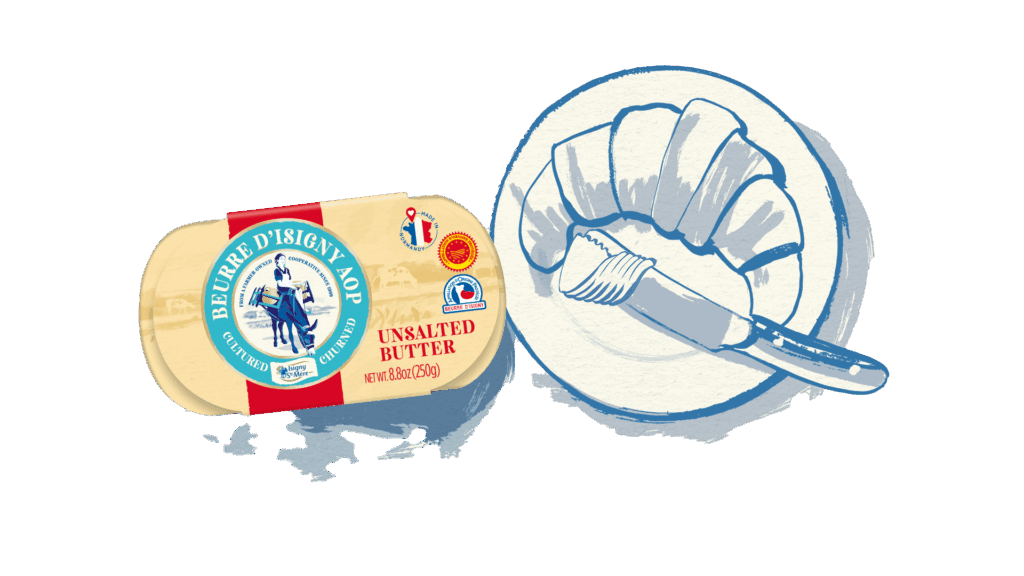 Plaquette de Beurre AOP Isigny Sainte-Mère et dessin d'un croissant